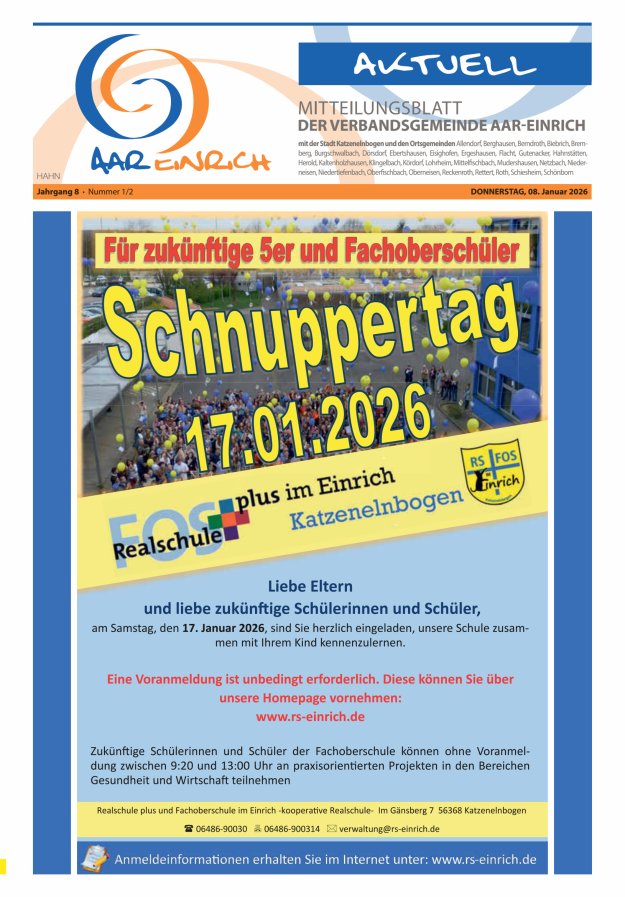Mitteilungsblatt der Verbandsgemeinde Aar-Einrich Ausgabe Hahnstätten Titelblatt 02/2026