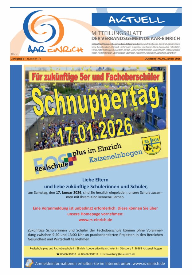 Mitteilungsblatt der Verbandsgemeinde Aar-Einrich Ausgabe Katzenelnbogen Titelblatt 01/2026