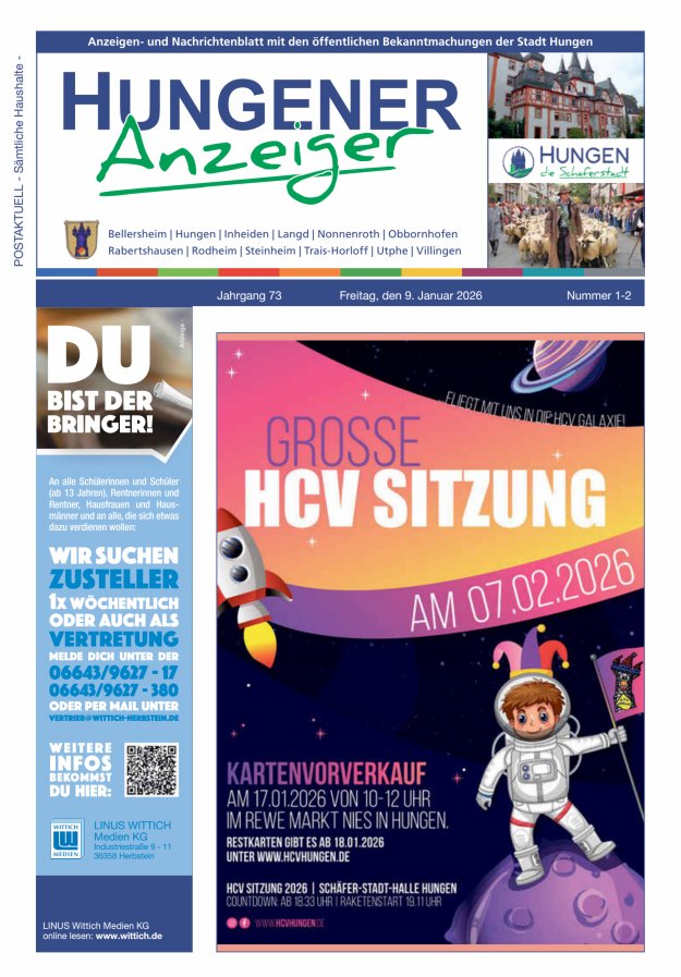 Anzeigen- und Nachrichtenblatt mit den öff  Bekanntmachungen der Stadt Hungen Titelblatt 02/2026