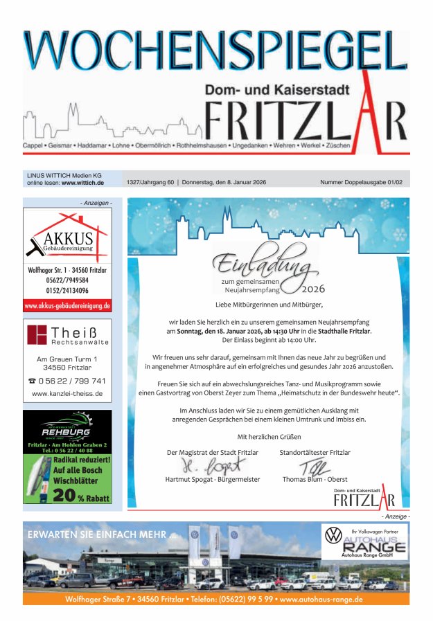 Wochenspiegel Dom- und Kaiserstadt Fritzlar Titelblatt 02/2026