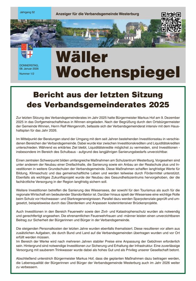 Wäller Wochenspiegel - Anzeiger für die Verbandsgemeinde Westerburg Titelblatt 02/2026