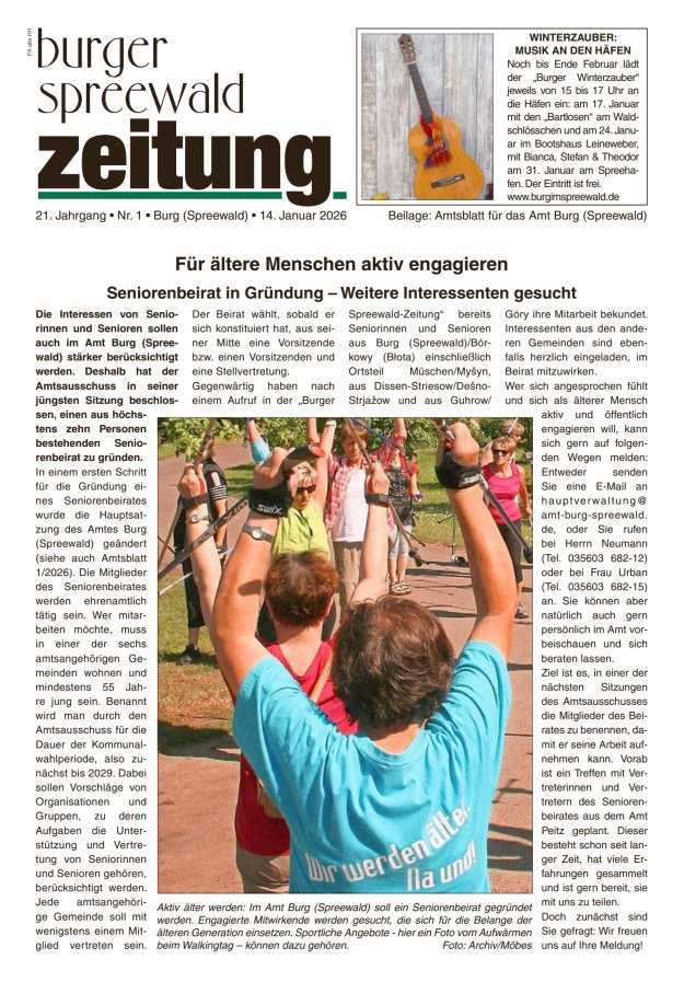 Burger Spreewald Zeitung - Amtsblatt für das Amt Burg (Spreewald) Titelblatt 01/2026
