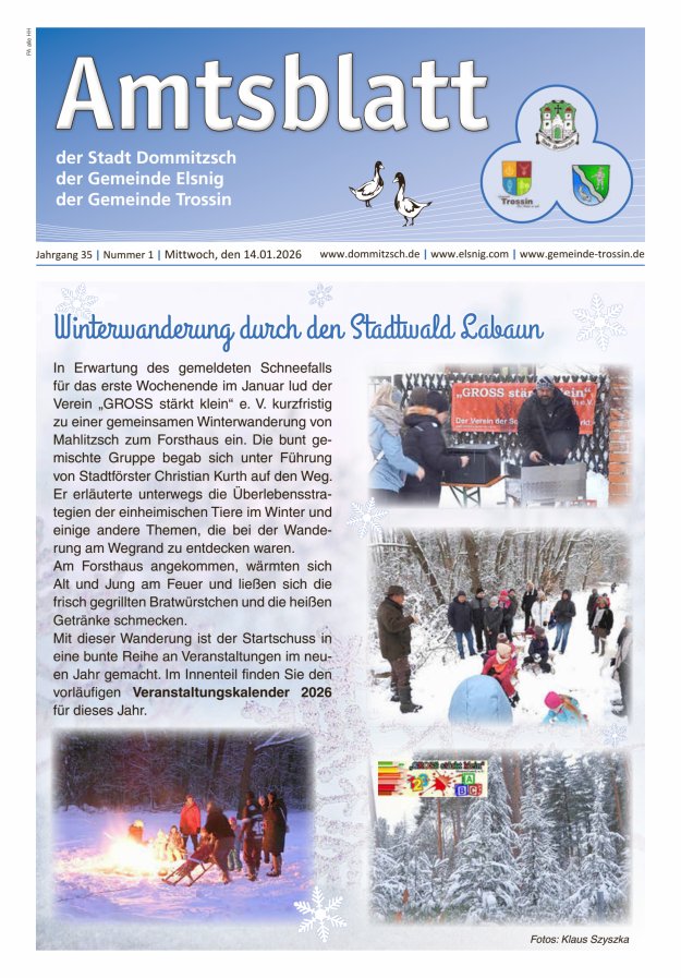 Dommitzsch Info - Amtsblatt der Stadt Dommitzsch der Gemeinden Elsnig und Trossin Titelblatt 01/2026