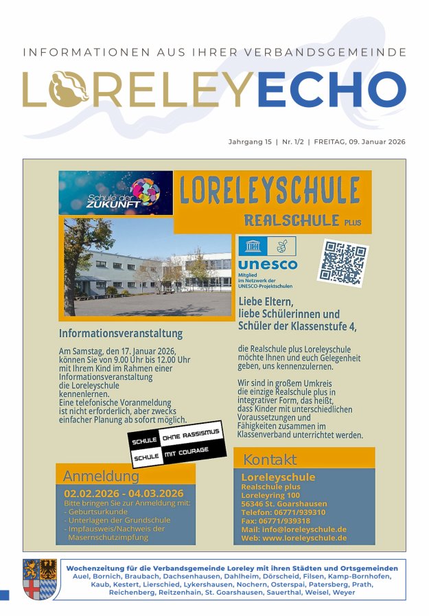 Loreley-Echo - Mitteilungsblatt der Verbandsgemeinde Loreley (Braubach) Titelblatt 01/2026