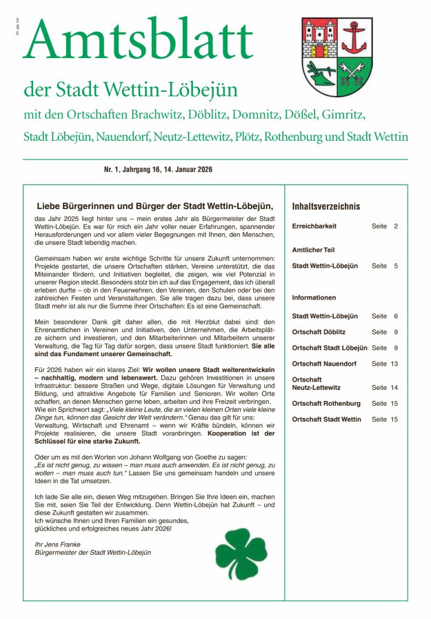 Amtsblatt der Stadt Wettin-Löbejün mit den Ortsteilen Titelblatt 01/2026