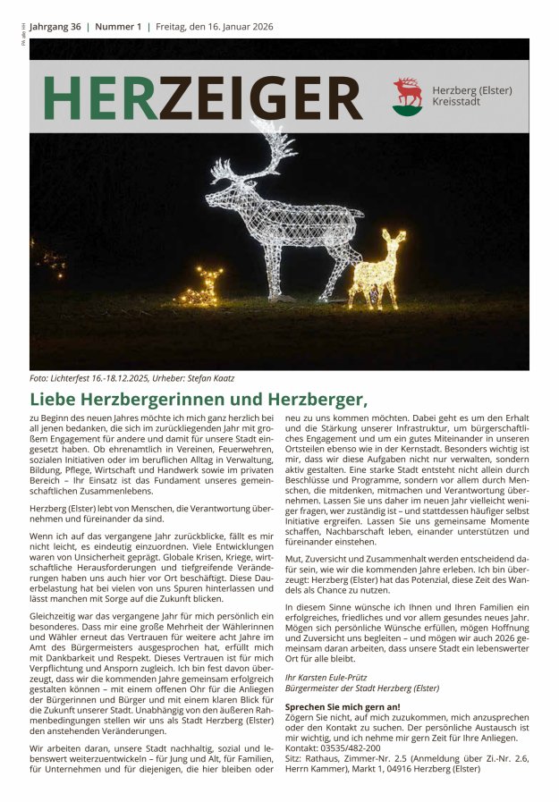 Amtsblatt für die Stadt Herzberg (Elster) mit Bekanntmachungen der Stadt  Titelblatt 01/2026