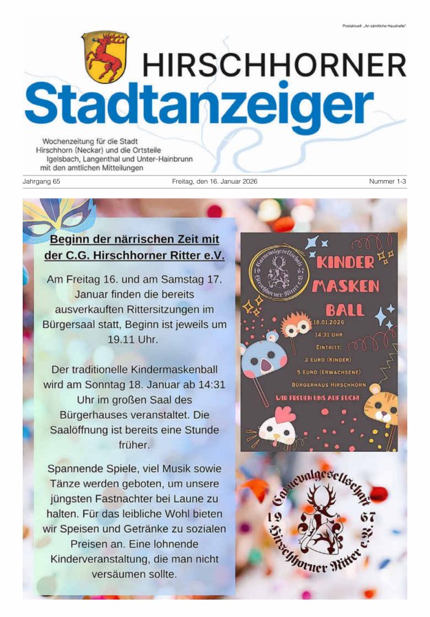 Hirschhorner Stadtanzeiger Titelblatt 01/2026