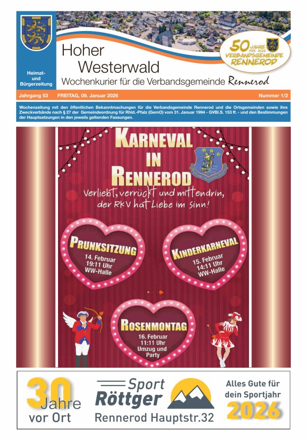 Hoher Westerwald - Wochenkurier für die Verbandsgemeinde Rennerod Titelblatt 02/2026