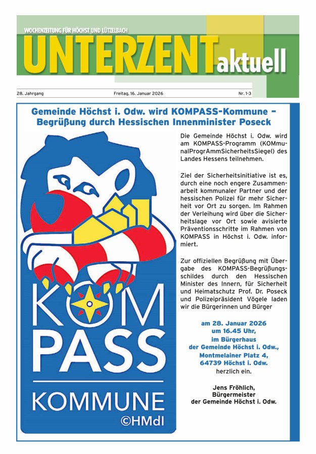 Unterzent aktuell Wochenzeitung für Höchst und Lützelbach Titelblatt 01/2026