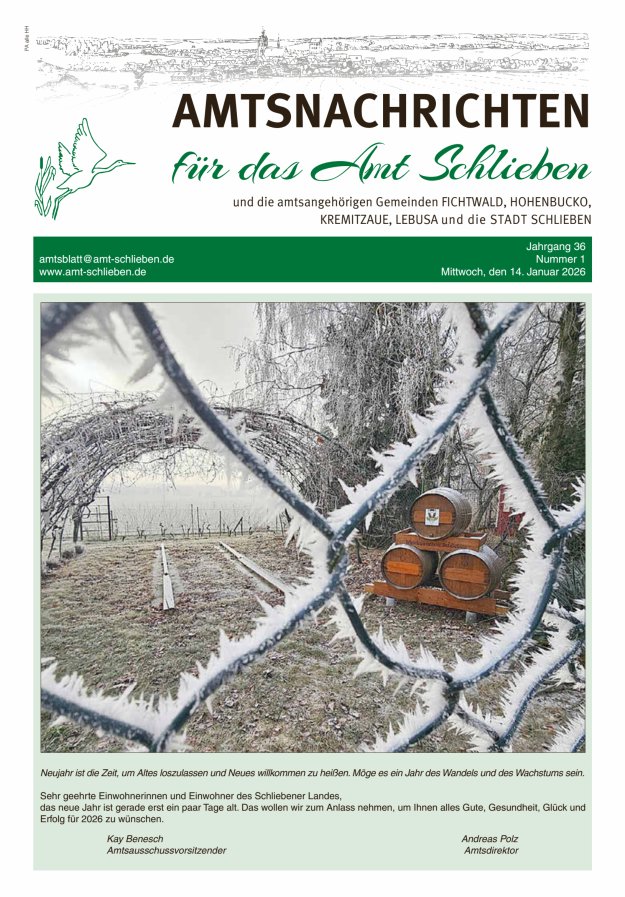 Amtsnachrichten – Amtsblatt für das Amt Schlieben und die amtsangehörigen Gemeinden Titelblatt 01/2026