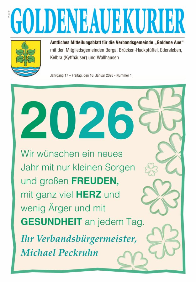 Goldene Aue Kurier – Amtliches Mitteilungsblatt für die Verbandsgemeinde "Goldene Aue" Titelblatt 01/2026