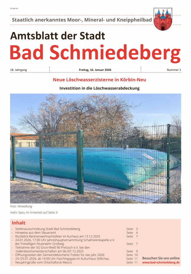 Amtsblatt der Stadt Bad Schmiedeberg Titelblatt 01/2026