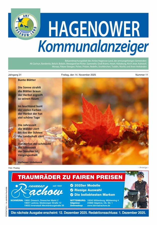 Hagenower Kommunalanzeiger Titelblatt 11/2025