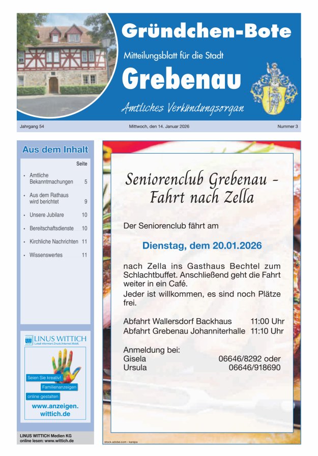 Grebenau - Gründchen Bote - Mitteilungsblatt für die Stadt Grebenau Titelblatt 03/2026