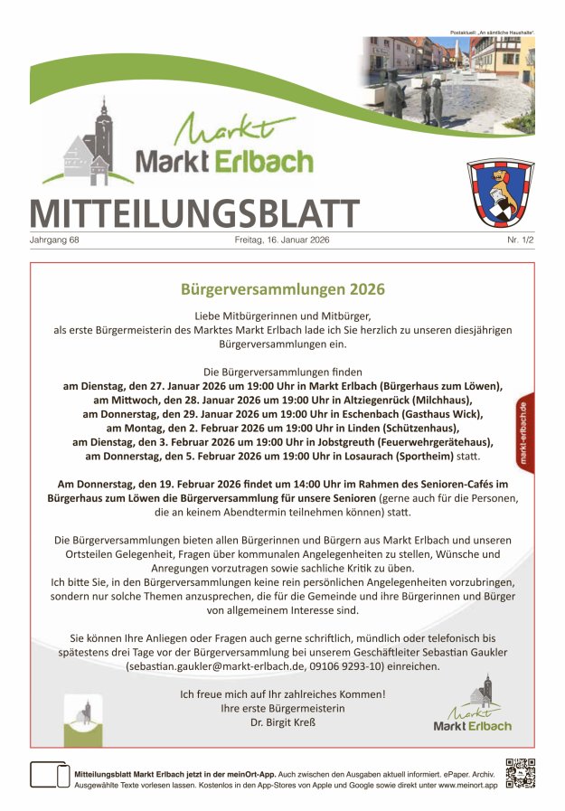 Mitteilungsblatt Markt Erlbach Titelblatt 01/2026