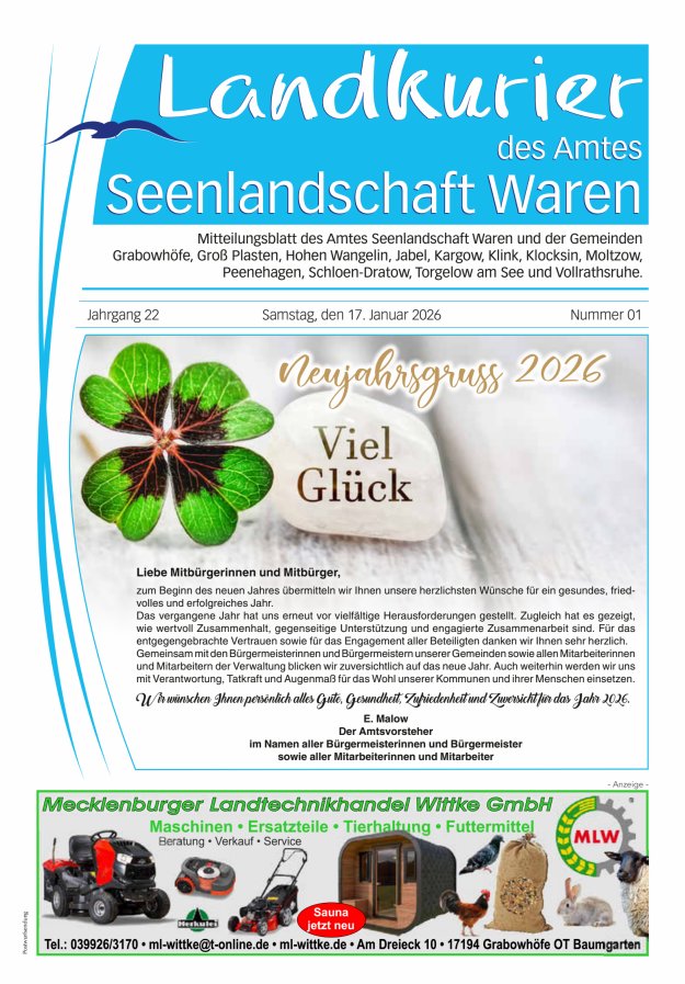 Landkurier des Amtes Seenlandschaft Waren Titelblatt 01/2026