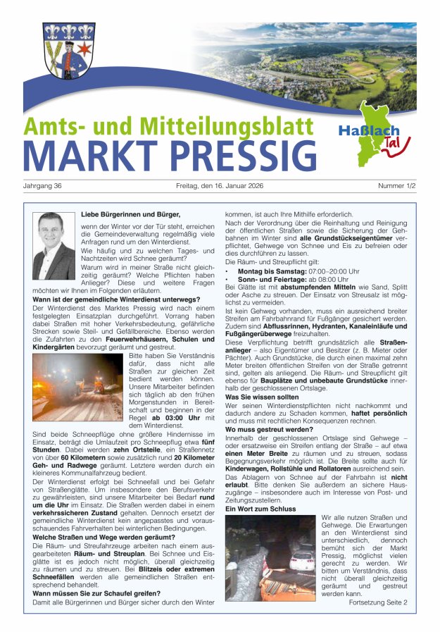 Amtsblatt für den Markt Pressig mit den Gemeindeteilen Titelblatt 01/2026