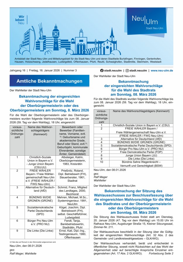 Amtsblatt der Stadt Neu-Ulm und Mitteilungsblatt für die Stadt Neu-Ulm Titelblatt 03/2026