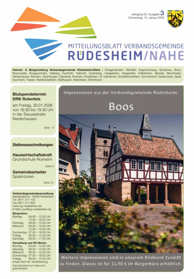 Mitteilungsblatt Verbandsgemeinde Rüdesheim und zugehörige Ortsgemeinden Titelblatt 03/2026