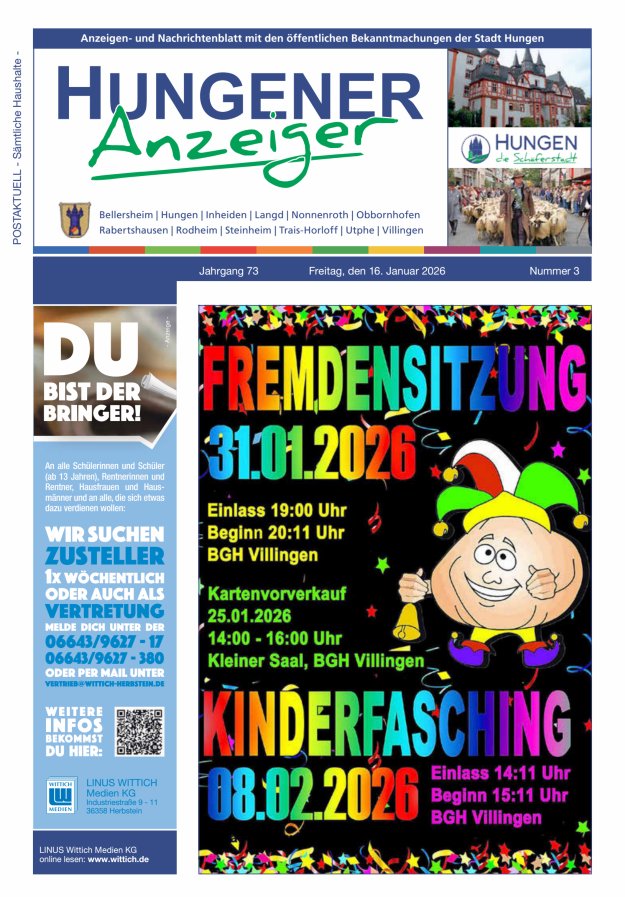 Anzeigen- und Nachrichtenblatt mit den öff  Bekanntmachungen der Stadt Hungen Titelblatt 03/2026