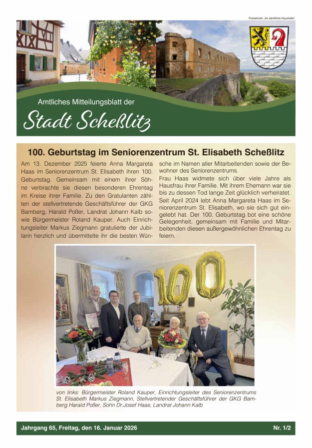 Scheßlitzer Anzeiger - Amtliches Mitteilungsblatt der Stadt Scheßlitz Titelblatt 01/2026