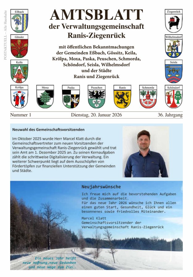 Amtsblatt der Verwaltungsgemeinschaft Ranis-Ziegenrück Titelblatt 01/2026