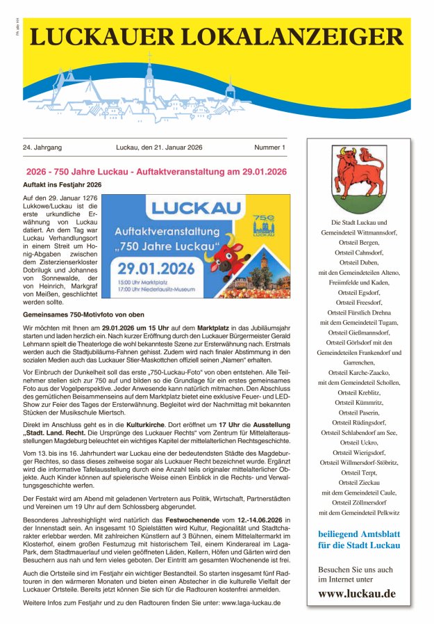 Luckauer Lokalanzeiger (beiliegend Amtsblatt für die Stadt Luckau) Titelblatt 01/2026
