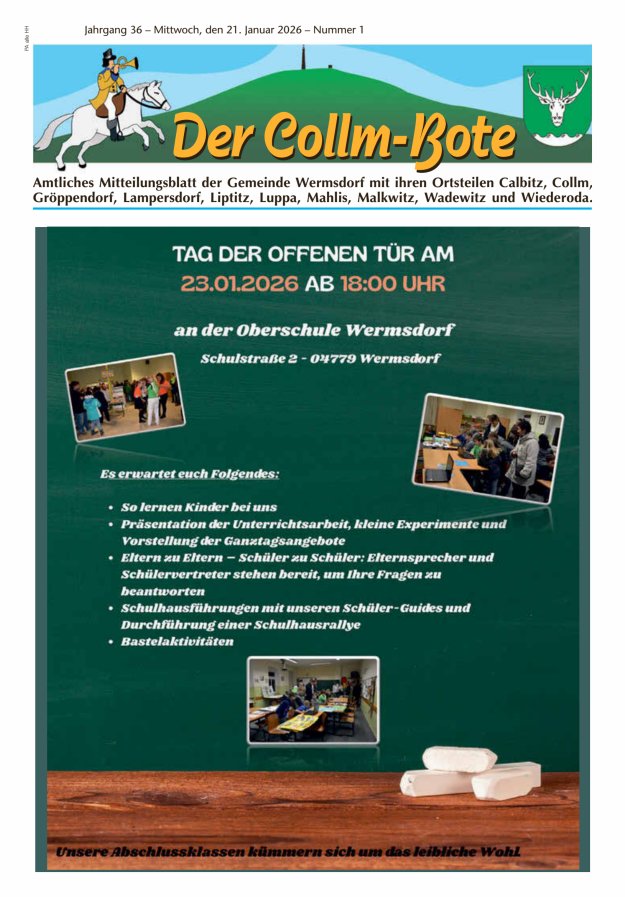 Collm-Bote – Amtliches Mitteilungsblatt der Gemeinde Wermsdorf mit ihren Ortsteilen Titelblatt 01/2026