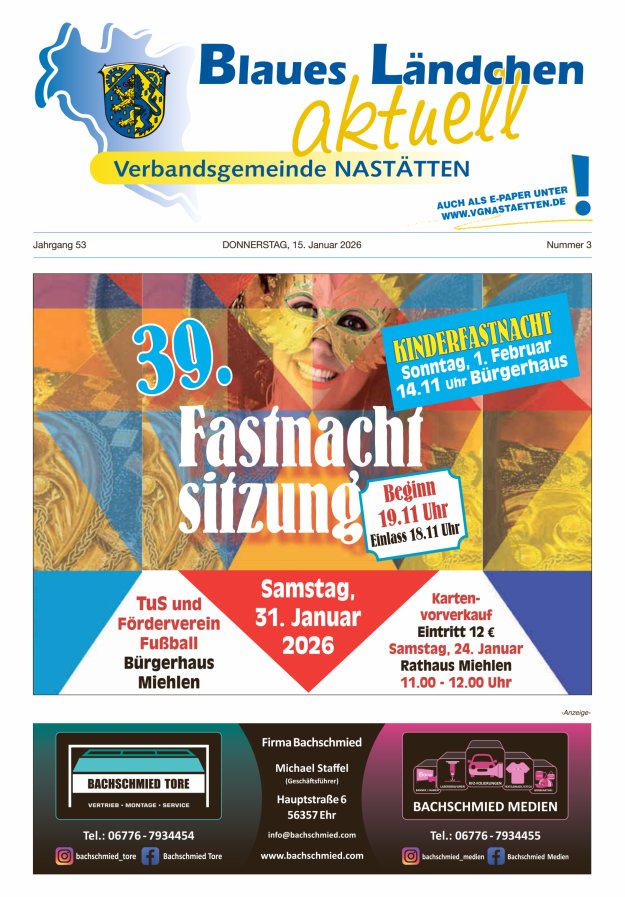 Blaues Ländchen aktuell - Heimat- u Bürgerzeitung VG Nastätten Titelblatt 03/2026