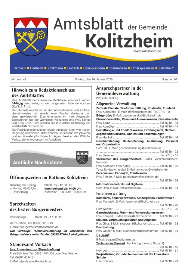 Amtsblatt der Gemeinde Kolitzheim Titelblatt 01/2026