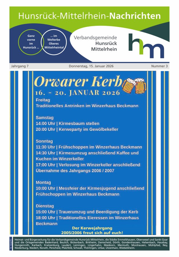 Hunsrück-Mittelrhein Nachrichten Ausgabe St Goar Oberwesel Titelblatt 02/2026