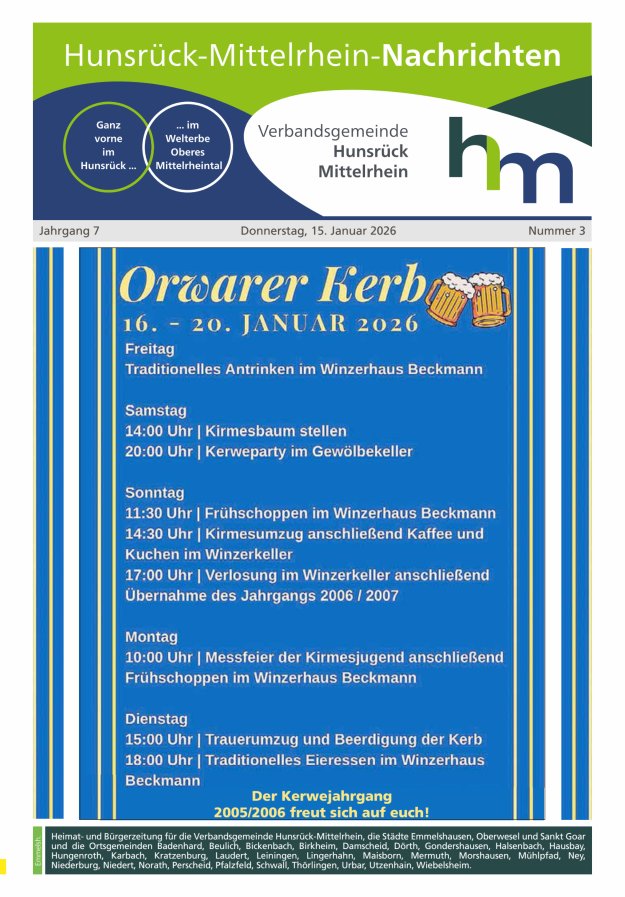 Hunsrück-Mittelrhein Nachrichten Ausgabe Emmelshausen Titelblatt 03/2026