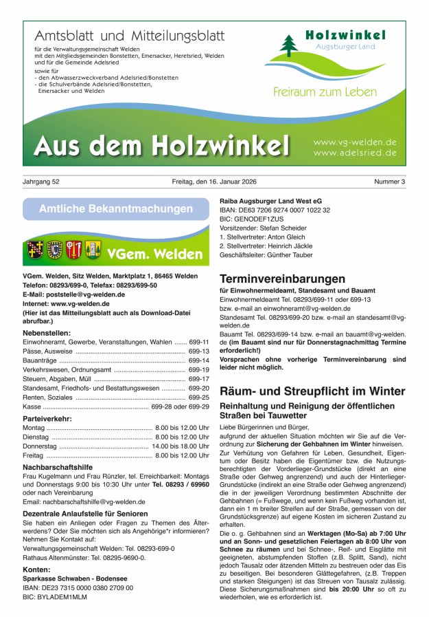 Aus dem Holzwinkel Amtsblatt u Mitteilungsblatt f VG Welden u GemAdelsried Titelblatt 03/2026