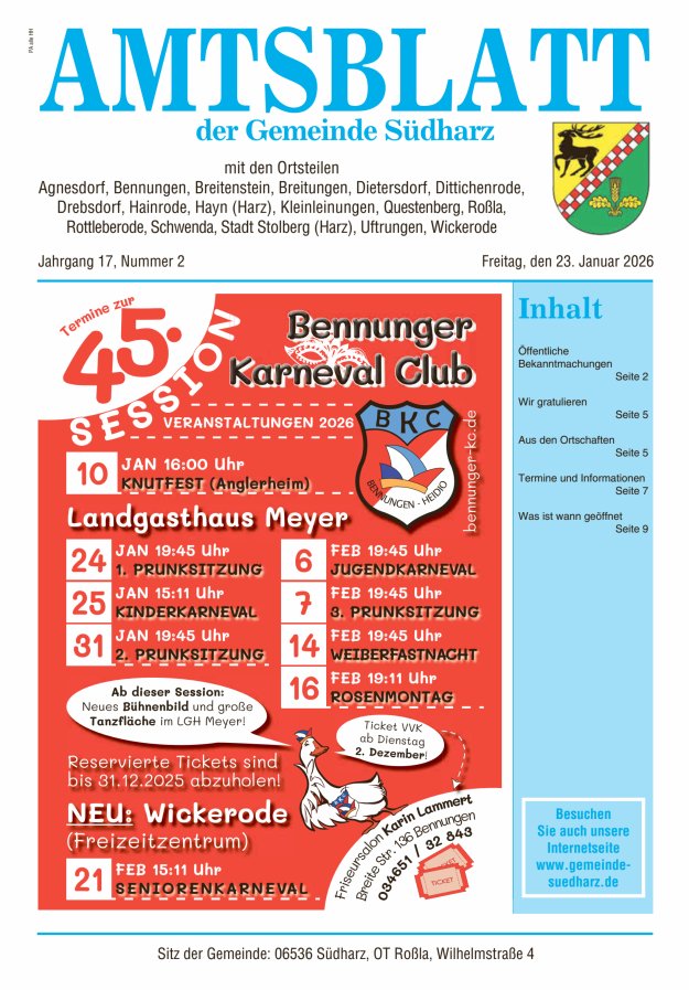 Amtsblatt der Gemeinde Südharz Titelblatt 02/2026