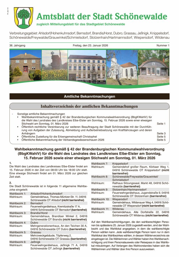 Amtsblatt der Stadt Schönewalde - Mitteilungsblatt für das Stadtgebiet Titelblatt 01/2026