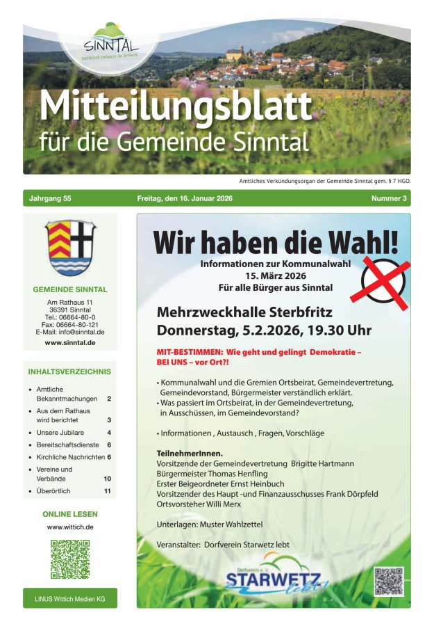 Mitteilungsblatt für die Gemeinde Sinntal Titelblatt 03/2026
