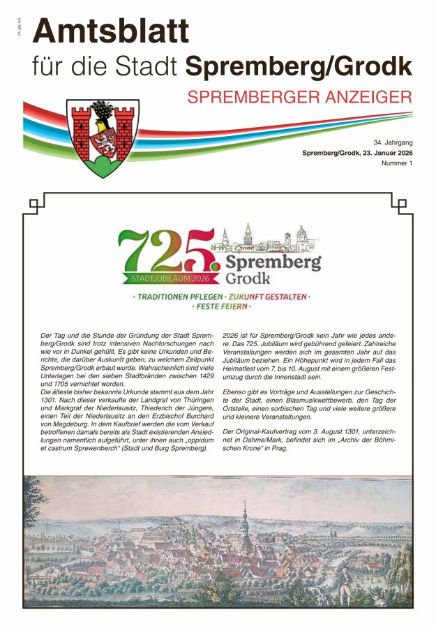 Amtsblatt für die Stadt Spremberg/Grodk – Spremberger Anzeiger Titelblatt 01/2026
