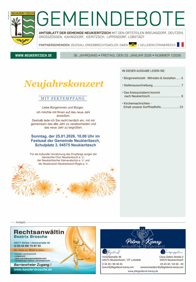 Gemeindebote - Amtsblatt der Gemeinde Neukieritzsch mit den Ortsteilen Titelblatt 01/2026