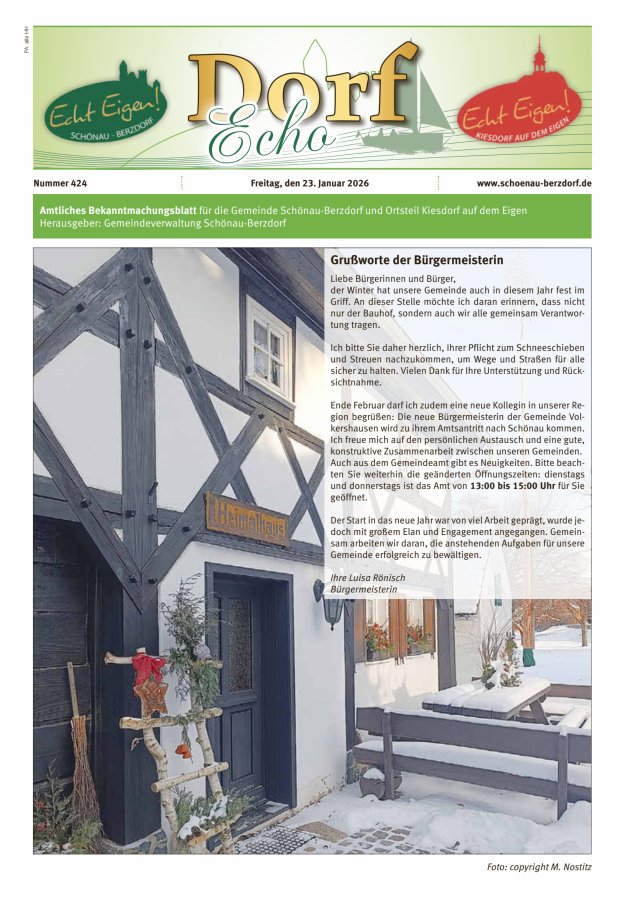 Dorfecho Amtliches Bekanntmachungsblatt für die Gemeinde Schönau-Berzdorf und OT Titelblatt 424/2026