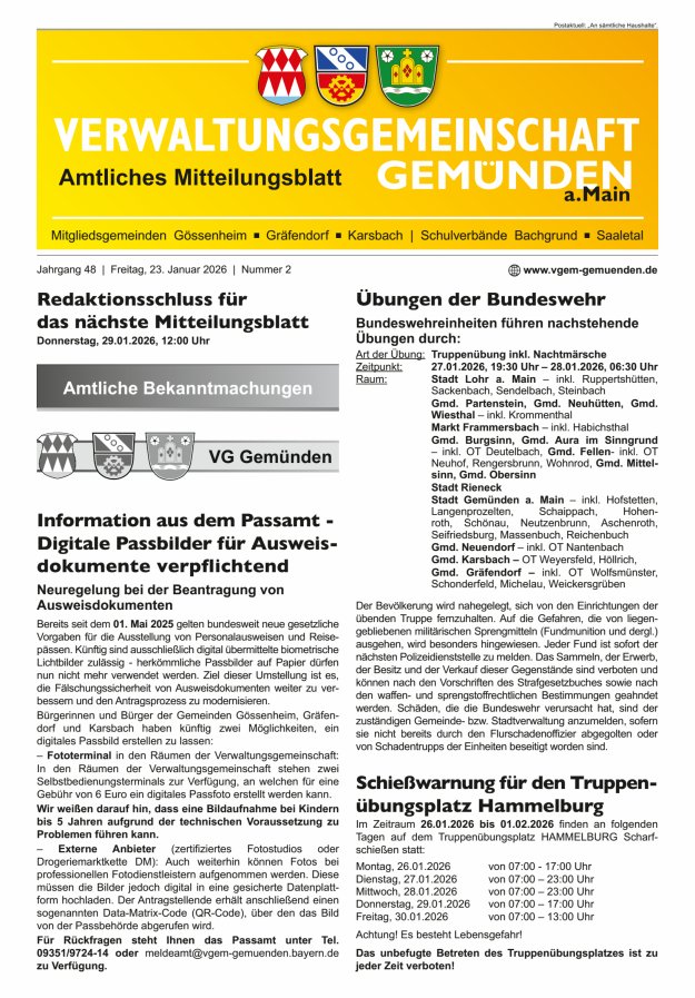 Mitteilungsblatt der VG Gemünden a Main Titelblatt 02/2026
