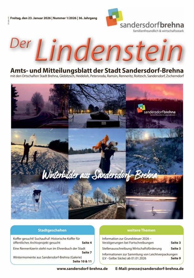 Der Lindenstein Amts- und Mitteilungsblatt der Stadt Sandersdorf-Brehna Titelblatt 01/2026