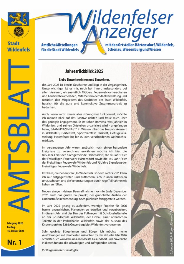 Wildenfelser Anzeiger Titelblatt 01/2026