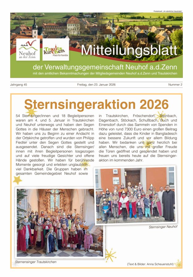 Mitteilungsblatt der Verwaltungsgemeinschaft Neuhof an der Zenn mit den amtlichen Bekanntmachungen der Mitgliedsgemeinden Neuhof an der Zenn und Trautskirchen Titelblatt 02/2026