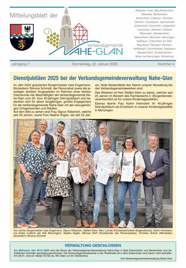 Mitteilungsblatt für die Verbandsgemeinde Nahe-Glan Titelblatt 04/2026