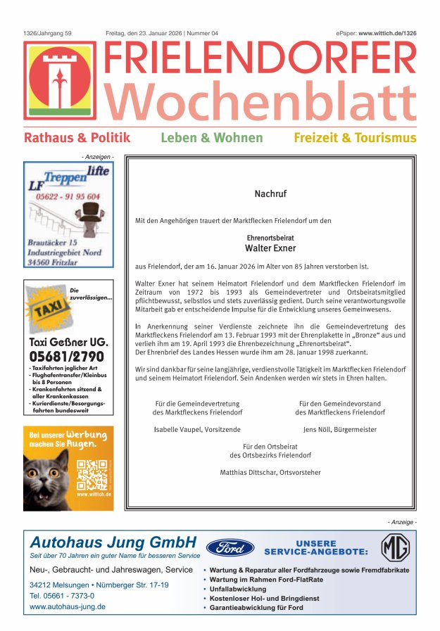 Frielendorfer Wochenblatt Titelblatt 04/2026