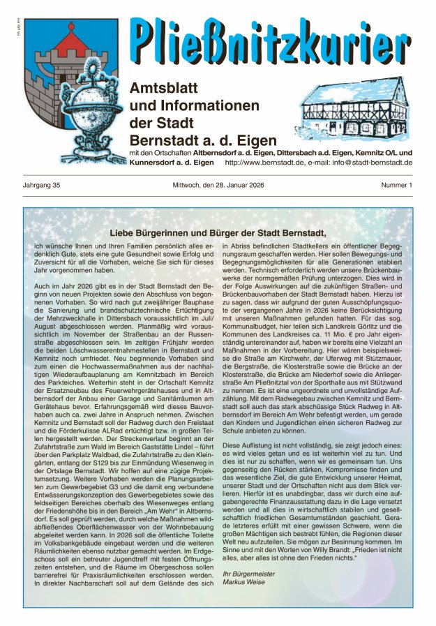 Pließnitzkurier – Amtsblatt und Informationen der Stadt Bernstadt a. d. Eigen Titelblatt 01/2026