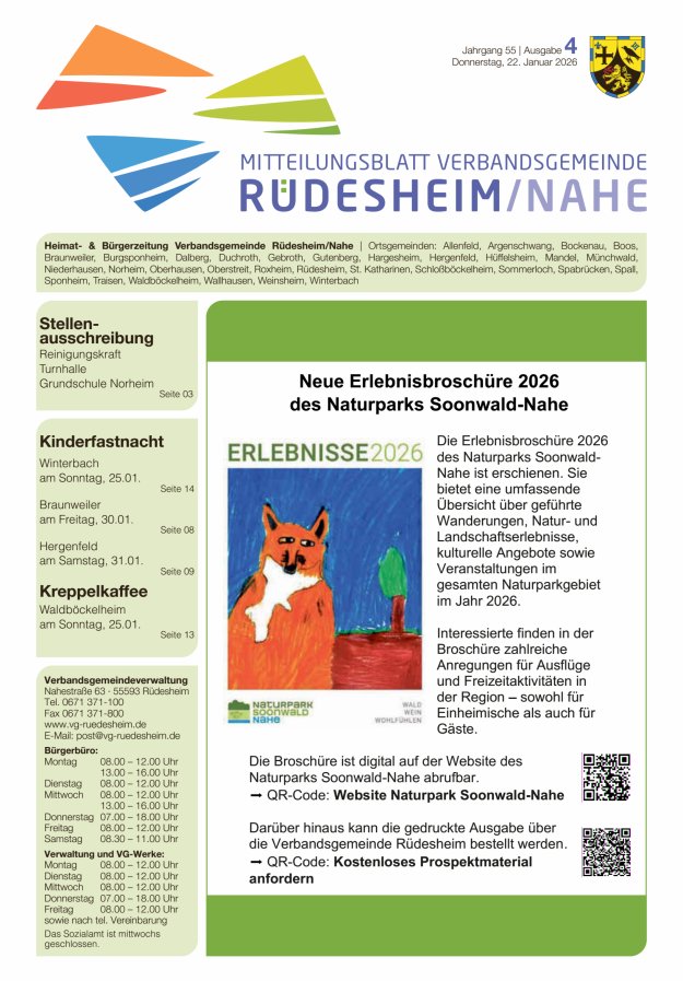Mitteilungsblatt Verbandsgemeinde Rüdesheim und zugehörige Ortsgemeinden Titelblatt 04/2026