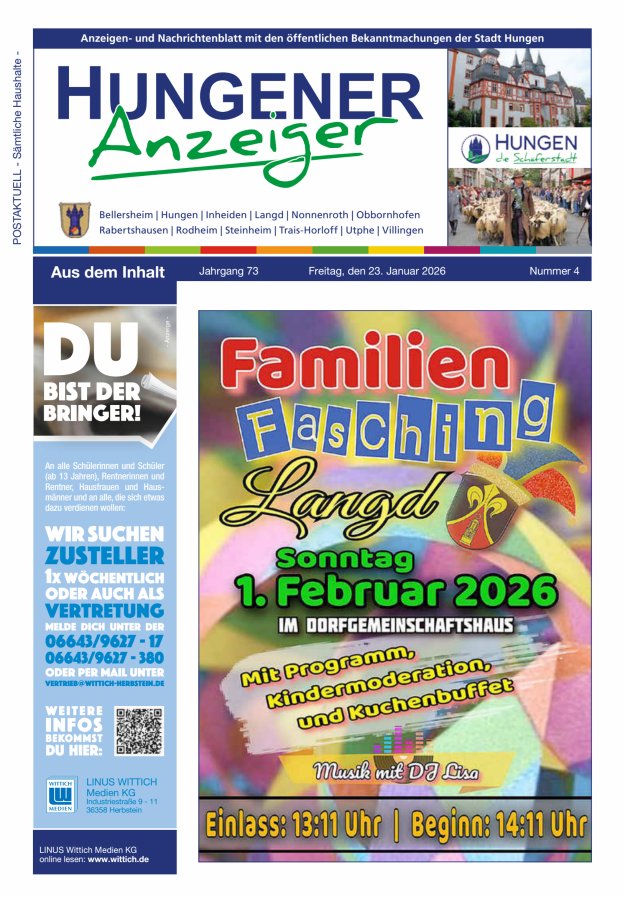 Anzeigen- und Nachrichtenblatt mit den öff  Bekanntmachungen der Stadt Hungen Titelblatt 04/2026