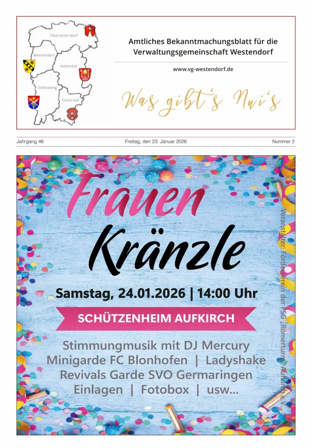 Was gibt's Nui's Amtliches Bekanntmachungsblatt für die VG Westendorf Titelblatt 02/2026