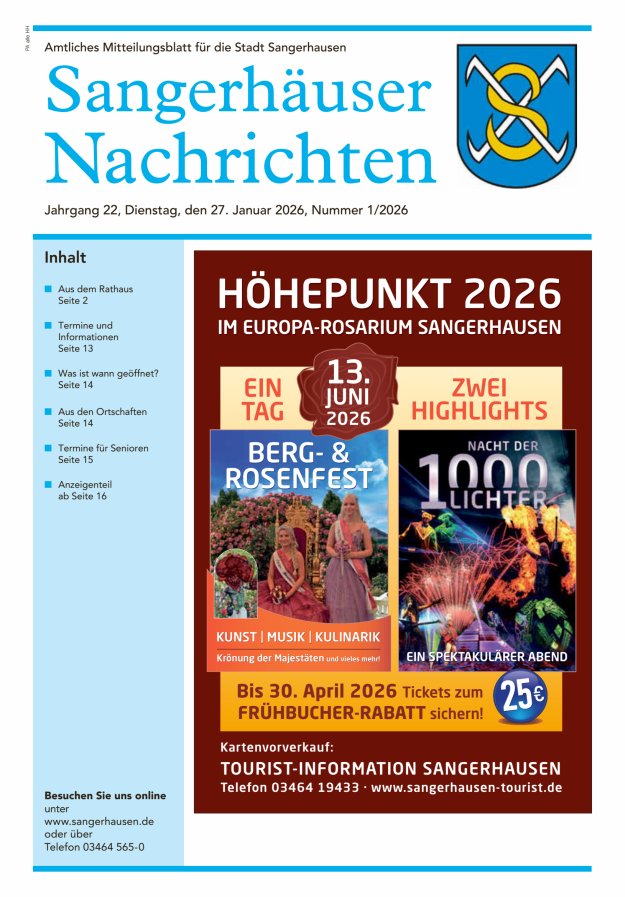 Sangerhäuser Nachrichten – Amtliches Mitteilungsblatt für die Stadt Sangerhausen Titelblatt 01/2026